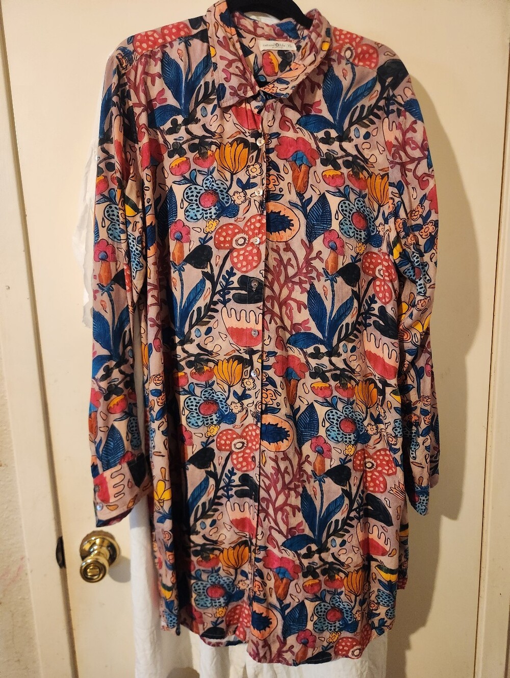 Natural Life Floral Print Long Sleeves Button Front Pockets Rayon Shirt Dress XL